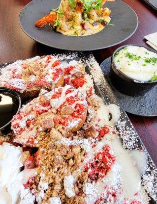 Bottom: Red velvet french toast  Right: side of creamy grits Top: shrimp and grits