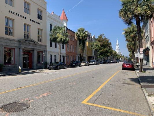 Retail district-steeple in the background