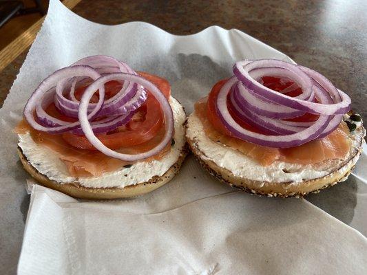 Can you see the lox peeking at you from below all the veggies?