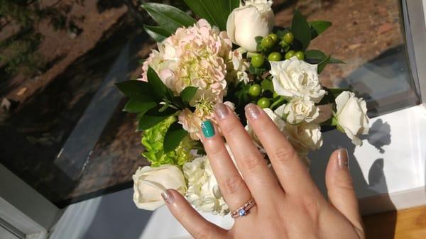 My nails, done in my wedding colors! I was greeted with that pretty bouquet, as well. Such a lovely surprise!