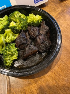 Burnt steak tips.