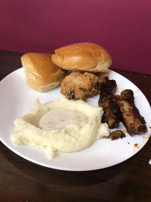 Ribs, chicken, mashed potatoes, rolls!