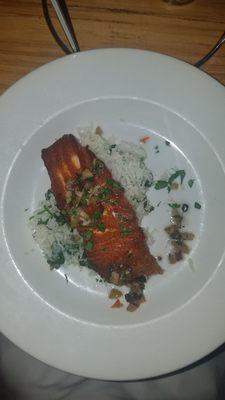 Tonight a special was a salmon filet over a bed of jasmine rice and an olive tamponade.