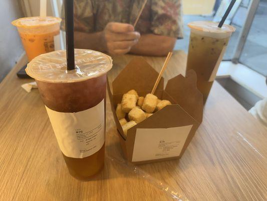 boba thai milk, grape potion, salt and pepper tofu, freshly passion