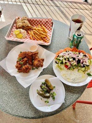 Dolma. Wings. Greek salad. Chicken Sandwich and amazing