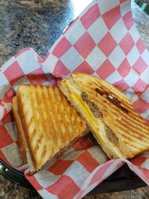 Our breakfast panini $5.50
2 eggs, 2 slices of cheese, choice of bacon, sausage or ham pressed on the panini grill on white panini bread.