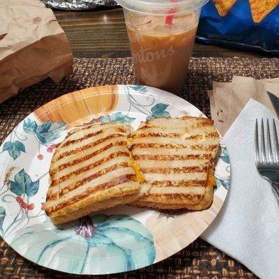 Lunch time at My Sister's house with a Grilled Chicken Panini and Caramel Latte.  6/7/2023