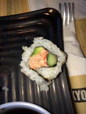 Cali rolls are awful here! The crab mixture has a strange taste and is chewy. Don't recommend sushi at Tokyo Joe's.