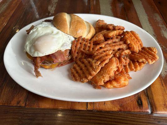 Breakfast Burger and sweet potato Waffle fries.