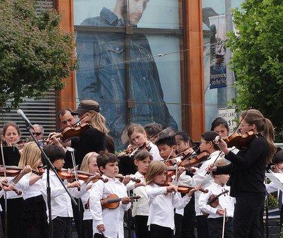 Leading students in a performance at Union Square