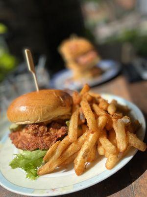 Chicken sandwich with seasoned fries