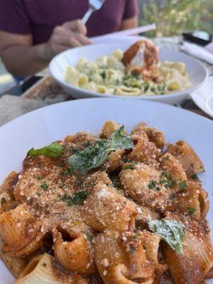 Rigatoni with pesto and red velvet