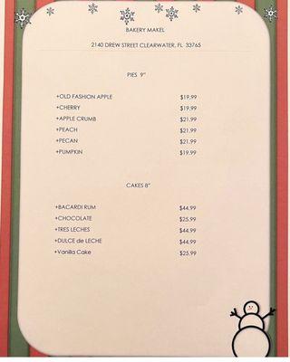 Holiday Pie & Cake Menu