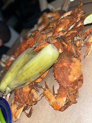 Corn on the cob, steamed crabs