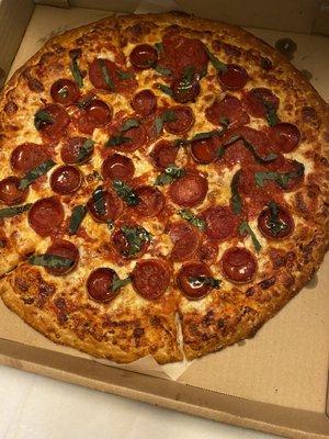 Pepperoni, basil, extra sauce