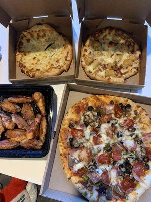 Cheese sticks, potato pizza, supreme pizza and hot garlic wings