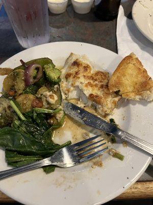 Shrimp crusted red fish with grilled veggies and lemon spinach