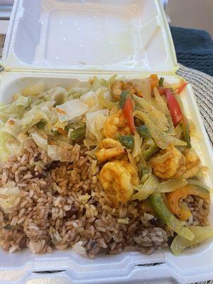 Curry Shrimp, Cabbage  Rice & Peas