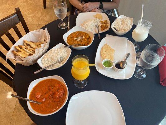 Chicken Tikka Masala Navratan Korma Plain Naan Sweet and Mango Lassi