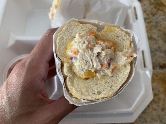 chicken melt sandwich: chicken, jack cheese, carrots, onions + mayo