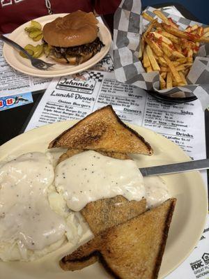 Chicken fried shake, dinner, double cheeseburger with onions and french fries