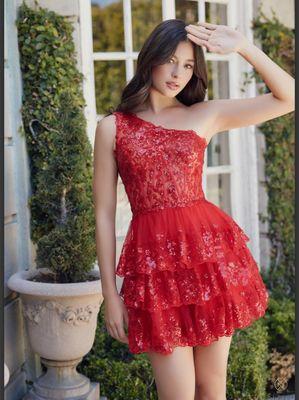 Red symmetrical raffle dress with floral pattern sequence home coming dress.