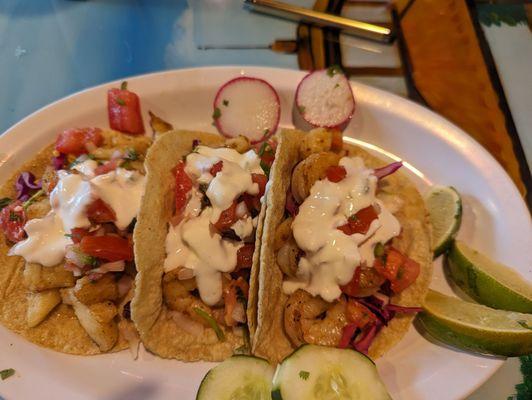 1 fish taco and 2 shrimp tacos