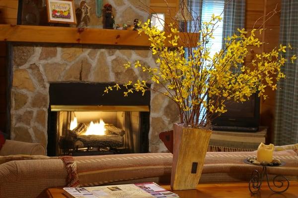 Most cabins have cozy fireplaces