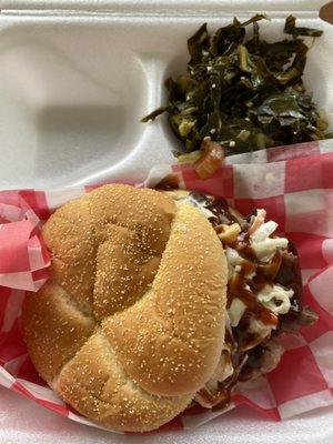 Brisket sandwich with a side of collard greens