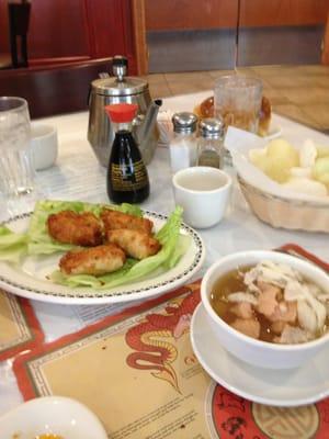 A-8 (royal chicken rolls) & hot & sour soup, w/ rice crackers, great starter's