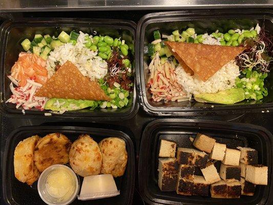 Salmon and Tofu poke bowls plus awesome cheese roles (bottom left). Tofu comes boxed separately (bottom right). Jan 2022.