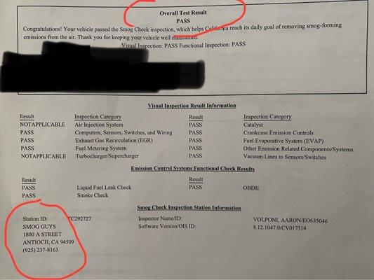 Paperwork of smog guys passing my car last year.