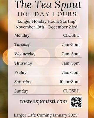 New Holiday Hours now through December 23rd