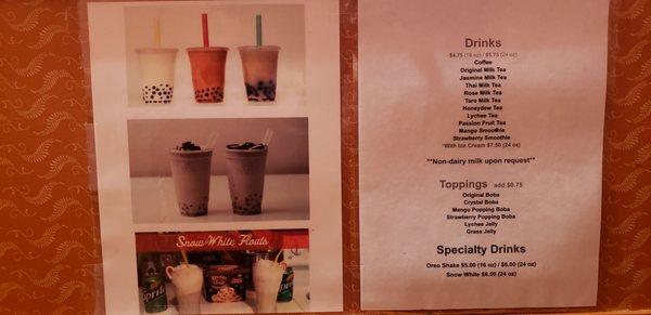 Boba tea menu