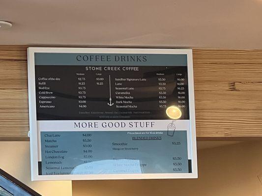 Coffee drink menu