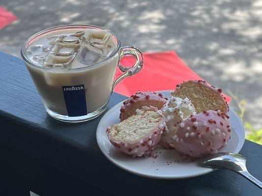 Iced Latte with our Cake Pop and a little whip cream!