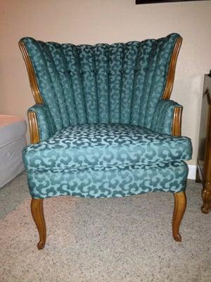 Wing back chair reupholstered,  with an almost perfect match on materials. Thanks Steven. I am so pleased!