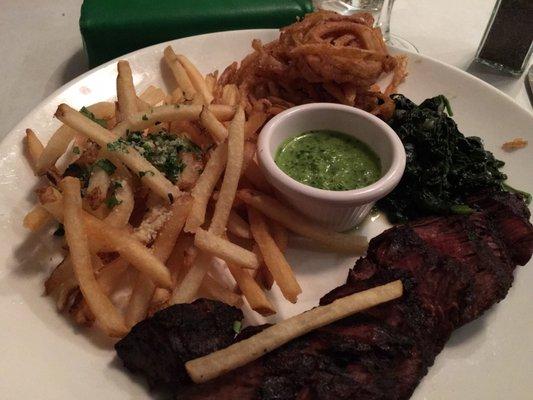 Hangar steak left on the counter to dry, and served cold, along with tepid fries, cold onion rings and spinach