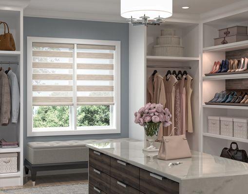 transitional window shades in a primary bedroom closet