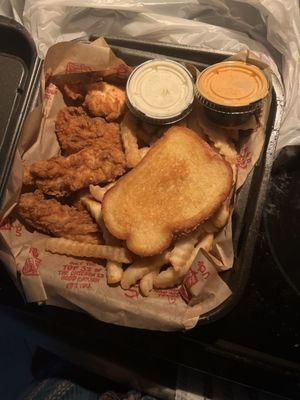 4 tenders, fries, ranch and spicy magoos sauce