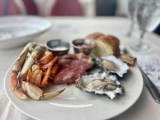 Dungeness crab legs, prime rib, oysters on the half shell and  1/2 a croissant