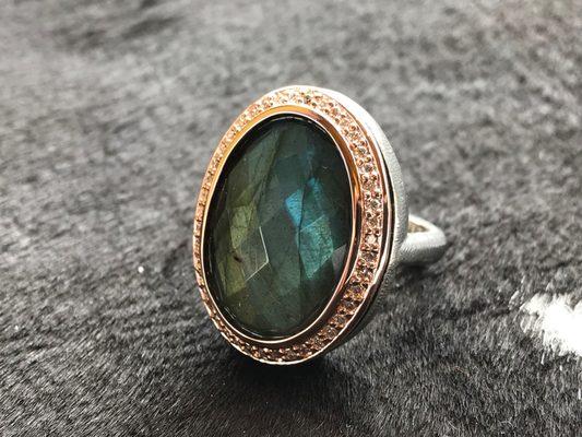 Labradorite in Rose Gold with diamonds, in a blackened sterling ring.