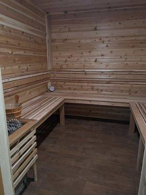 Cedar sauna seats 6-7 people.