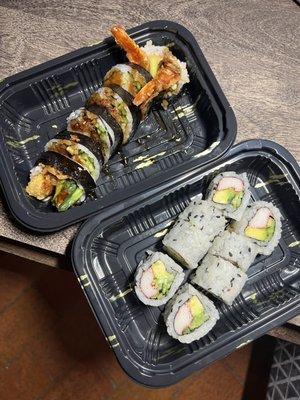 Sushi takeout ~ Cali & Shrimp Tempura rolls.