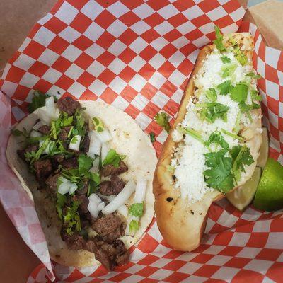 Elote dog and carne taco