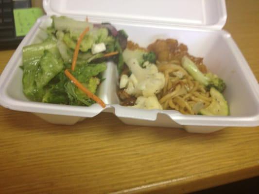 Fire shrimp with lo mien, steamed broccoli and side of greek salad