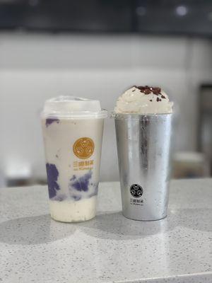 Ube mochi milk tea (left), Ceylon latte (right)