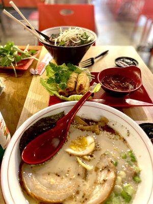 Classic Nudo, 3-1-pho Beef Soup, veggie egg rolls  Chili crisp provided is soooooo good