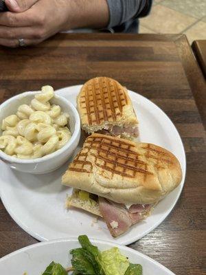 Cuban Panini Sandwich cup macaroni and cheese