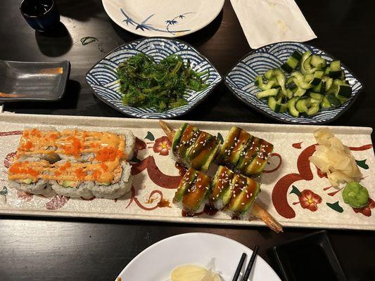 Spicy California Roll in the left, Washougal Roll on the right. Seaweed and Cucumber Salads above.